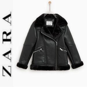ZARA GIRLS BLACK FAUX LEATHER FULLY FUR LINED COZY AVIATOR MOTO STYLE JACKET
